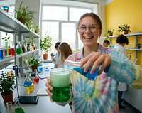 Happy female scientist in tie-dye lab coat conducting chemistry experiment with green solution in modern laboratory with plants and colorful equipment.