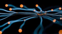 Glowing blue network lines connecting orange nodes on black background illustrate data flow, neural networks and digital connectivity concepts.