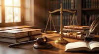 Scales of justice with gavel and law books on wooden desk in attorney office with warm sunlight streaming through window creating professional legal atmosphere.