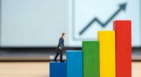 Businessman climbing colorful bar chart steps with growth arrow on background representing career advancement, success, and financial progress in corporate environment.