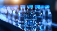 Clear water bottle with blue bokeh lights background creates dreamy atmosphere. Pure mineral water in plastic container glows with ethereal illumination.