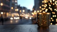 Glowing decorative metal candle holder on wooden surface against blurred city lights and Christmas tree bokeh background creates cozy evening atmosphere.