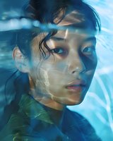 Young Asian woman portrait with water reflection effect creating dreamy atmosphere. Wet hair strands frame face while blue tones and light patterns add mystical mood.