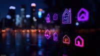 Glowing neon house icons floating against blurred city lights and water reflections create modern real estate technology concept for digital marketing and smart homes.