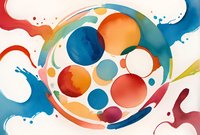 Vibrant watercolor circles in orange, blue, and red tones create dynamic composition with fluid splashes and organic shapes on white background. Artistic abstract design.