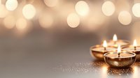 Glowing diya oil lamps with warm bokeh lights creating festive atmosphere for Diwali celebration and spiritual ceremonies on dark surface with golden sparkles.