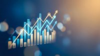 Financial growth chart with ascending bars and arrow showing business success and market performance analytics on blue background.