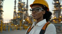 African American female engineer wearing safety helmet and glasses at industrial facility during sunset, confident professional stance with oil refinery background.