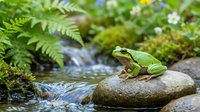 Green tree frog perched on wet stone beside flowing stream surrounded by ferns and moss, suitable for nature and wildlife projects.