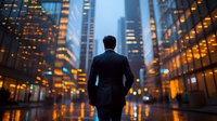 Asian businessman in dark suit standing alone on wet city street at dusk, viewing illuminated skyscrapers against moody blue twilight sky. Corporate success concept.