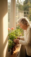 Senior Caucasian woman with curly gray hair tending to potted geranium plants on sunny windowsill in cozy home interior for gardening and retirement lifestyle.