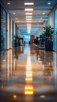 Modern office corridor with reflective floor and ceiling lights creating dramatic perspective. Glass walls and indoor plants add contemporary workspace ambiance.