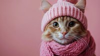 Adorable orange tabby cat wearing pink knitted winter hat and scarf on soft pink background, cozy pet fashion portrait for seasonal greeting cards.
