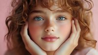 Young woman with curly strawberry blonde hair and blue eyes against pink background, hands framing face in contemplative pose.