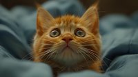 Adorable ginger cat with big curious eyes peeking through soft gray blanket folds, creating heartwarming moment perfect for pet care, social media, and emotional marketing campaigns.