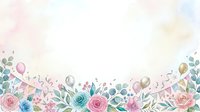 Soft watercolor birthday banner with pastel roses, balloons, bunting, and eucalyptus leaves on a light background with copy space.