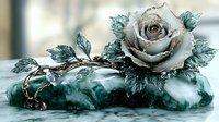 Ethereal silver rose with teal leaves rests on raw emerald crystal formation, featuring metallic petals and intricate botanical details in mystical arrangement.