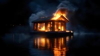 Dramatic night scene of floating house engulfed in flames on dark water, with fire reflection creating golden ripples across mysterious foggy lake surface.
