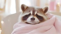 Smiling raccoon wrapped in soft pink blanket, close up portrait showing cute expression and characteristic mask markings against blurred background.