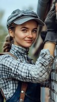 Young Caucasian woman in work outfit with plaid shirt, cap and gloves smiling while doing construction or renovation work against brick wall background.