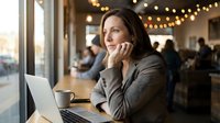 Professional businesswoman talking on phone while working on laptop in modern cafe with warm lighting and bokeh background during daytime meeting.