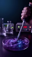 Scientist hand holding pipette over petri dish with purple glowing bacterial culture in modern laboratory with equipment and glassware in background.