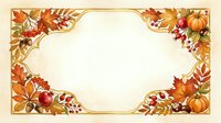 Autumn harvest frame with ornamental fall foliage, pumpkins, apples, and berries arranged in decorative corners on cream background. Seasonal border design.
