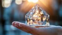 Glass house miniature on palm with glowing warm bokeh lights creating magical atmosphere. Transparent crystal home catching sunset light and creating reflections.