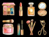 Watercolor makeup and beauty clipart set isolated on transparent background, featuring eyeshadow palette, lipstick, perfume, brushes, mascara for t-shirt and print on demand.