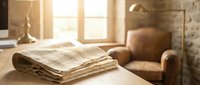 Folded beige knitted blanket on wooden table in cozy living room with warm sunlight streaming through window creating peaceful home atmosphere.