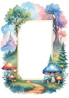 Watercolor fairy tale forest frame with magical mushrooms, castle and trees. Fantasy border template for invitations, cards and storytelling designs.