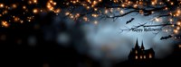 Spooky Halloween banner with haunted castle silhouette against dark sky, glowing string lights on branches, flying bats and holiday greeting. Perfect for seasonal headers.