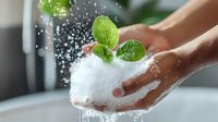 Hands holding white foam with fresh green leaves and water drops, demonstrating eco-friendly cleaning or natural skincare concept against blurred background.