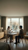 Female doctor consulting with male patient about DNA genetics in modern medical office with holographic display for healthcare communication.