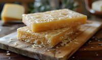 Fresh parmesan cheese blocks stacked on rustic wooden cutting board with scattered cheese shavings, close-up shot in natural lighting, food photography.