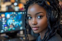 Young African American woman with dreadlocks and headphones smiling confidently at camera, gaming setup with monitors in background, natural makeup and soft lighting.