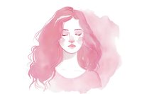 Young woman with flowing pink hair and closed eyes in soft watercolor style on white background, feminine portrait with dreamy expression and gentle pastel tones.