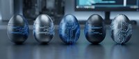 Five dark metallic Easter eggs with glowing blue circuit board patterns arranged in a row on a reflective surface in a futuristic tech lab setting.