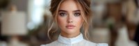 Young blonde Caucasian woman with blue eyes and natural makeup in white blouse portrait for professional headshot and business photography.