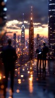 Business professionals silhouetted on rooftop observation deck overlooking illuminated cityscape with tall skyscrapers at dramatic sunset, urban night scene.