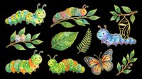 Caterpillars and butterflies with leaves and foliage, isolated on transparent background. Ready for clipart, t-shirt design, stickers, print-on-demand products, and sublimation projects.