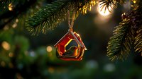 Red glass house ornament hanging on Christmas tree branch with glowing lights and bokeh effect creating magical holiday atmosphere.