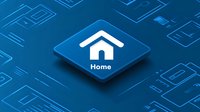 White home icon on blue isometric button against technology pattern background, modern interface design for web and mobile applications.