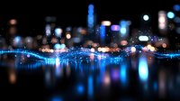 Glowing blue wave of light particles with blurred bokeh city lights reflecting on water surface creates magical nighttime atmosphere. Abstract background for design.
