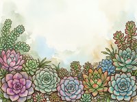 Watercolor succulent garden border with colorful rosette plants on soft pastel background, copy space for text, greeting card or poster.