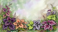 Colorful flowering plants with purple, orange, and pink blooms arranged in a decorative border on soft watercolor background, suitable for greeting cards and design projects.