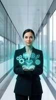 Professional businesswoman presenting digital innovation icons in modern glass office corridor representing technology solutions and corporate leadership.