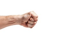 Clenched male fist with visible veins and skin texture isolated on white background, showing strength, power and determination. Ready for design projects.