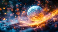 Glowing golf ball with dynamic light trails and energy effects against dark background with bokeh lights creates dramatic sports composition.