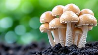 Fresh mushrooms growing in dark soil against blurred green background, with water droplets on caps, macro nature photography for food and botanical concepts.